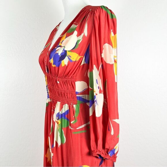 Shoshanna Emanuela Floral Smocked Waist Midi Dress V Neck Long Sleeve Red 4 NWT - Picture 8 of 16